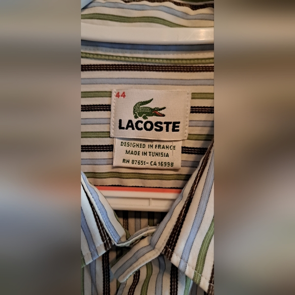 Lacoste Men's Size 44 Beige W/Green/Blue Strpd Alligator Logo  BTTN Down Shirt L - Picture 4 of 5